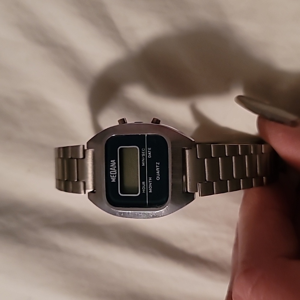 Vintage 70's Silver Medana Quartz Digital Watch Time Hour Minute Month Date